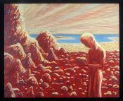 MAN HOLDING ROCK ON A BEACH