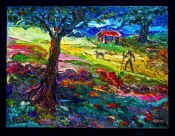 Hiker With Dog And Cabin